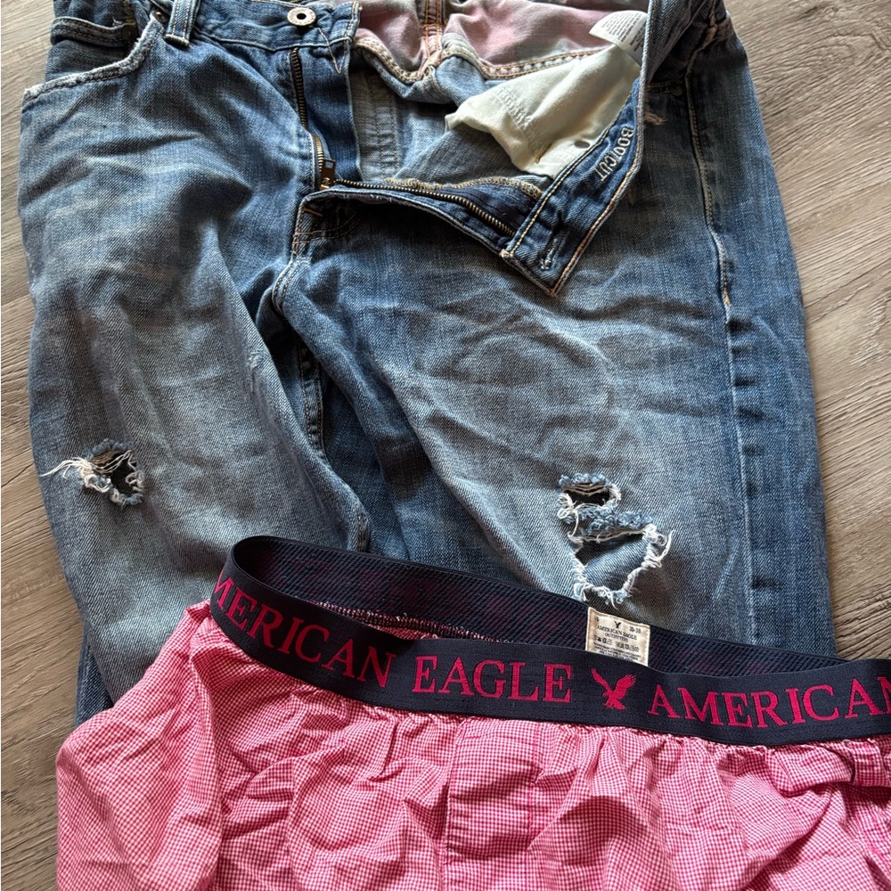 American Eagle Blue Jeans and Red Boxers